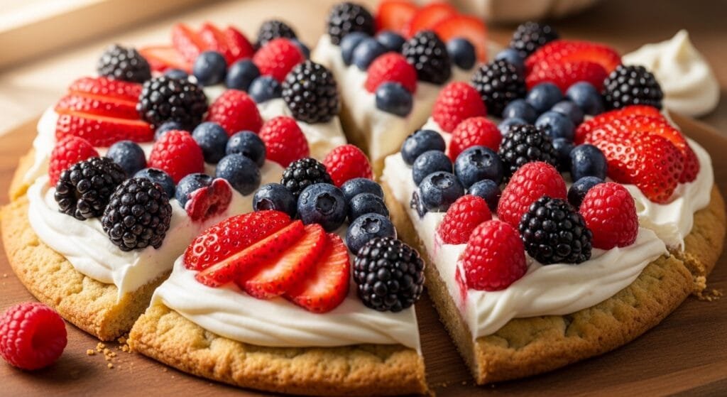 Fruit pizza with cream cheese frosting and fresh berries sliced into wedges