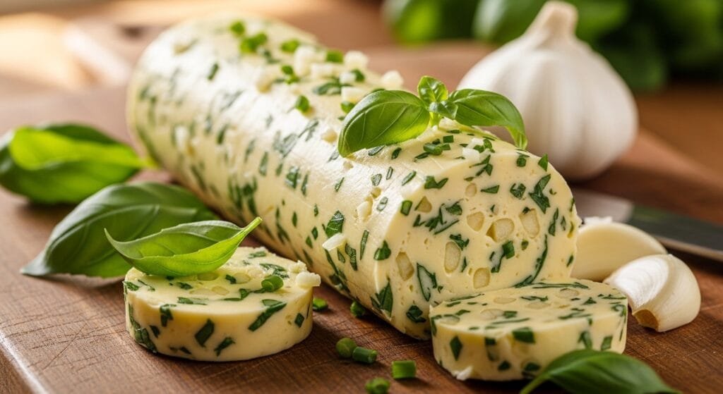 Homemade garlic and herb butter rolled into a log with fresh basil and garlic