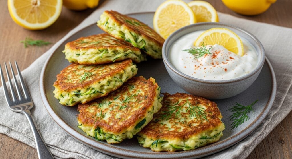 Golden zucchini fritters served with a creamy lemon yogurt dip on a plate