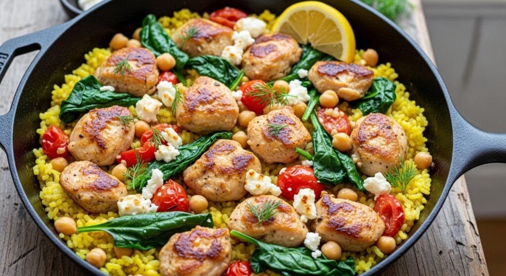 One-pot Greek lemon chicken and rice with spinach, chickpeas, tomatoes, and feta in a skillet