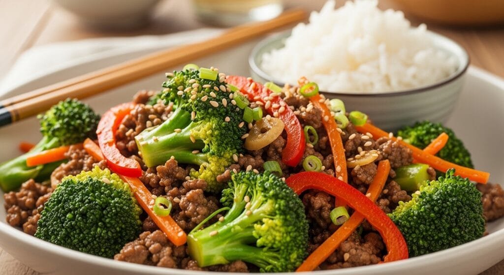 Ground beef and broccoli stir-fry cooked in a garlic soy sauce and served warm