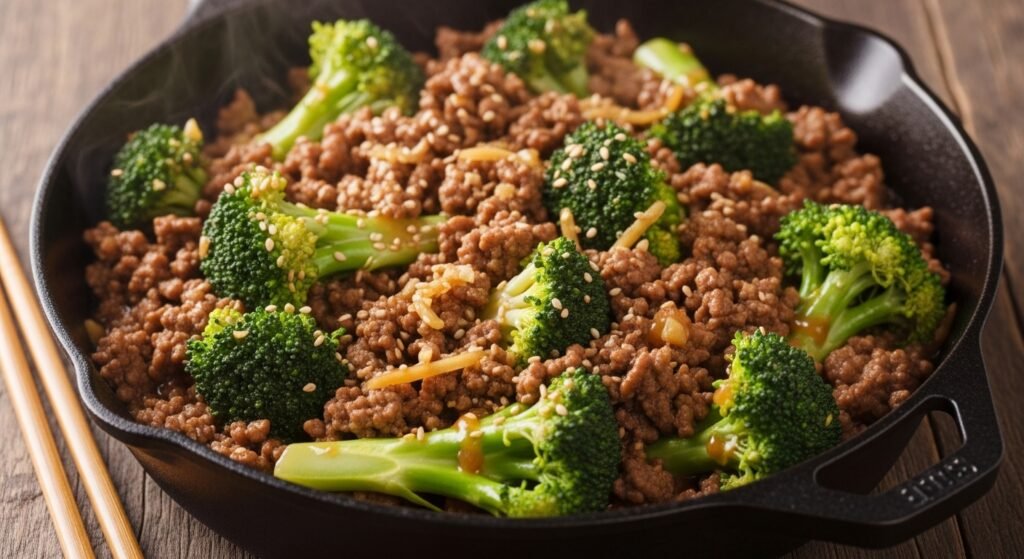 Homemade ground beef and broccoli stir-fry in a skillet with glossy sauce