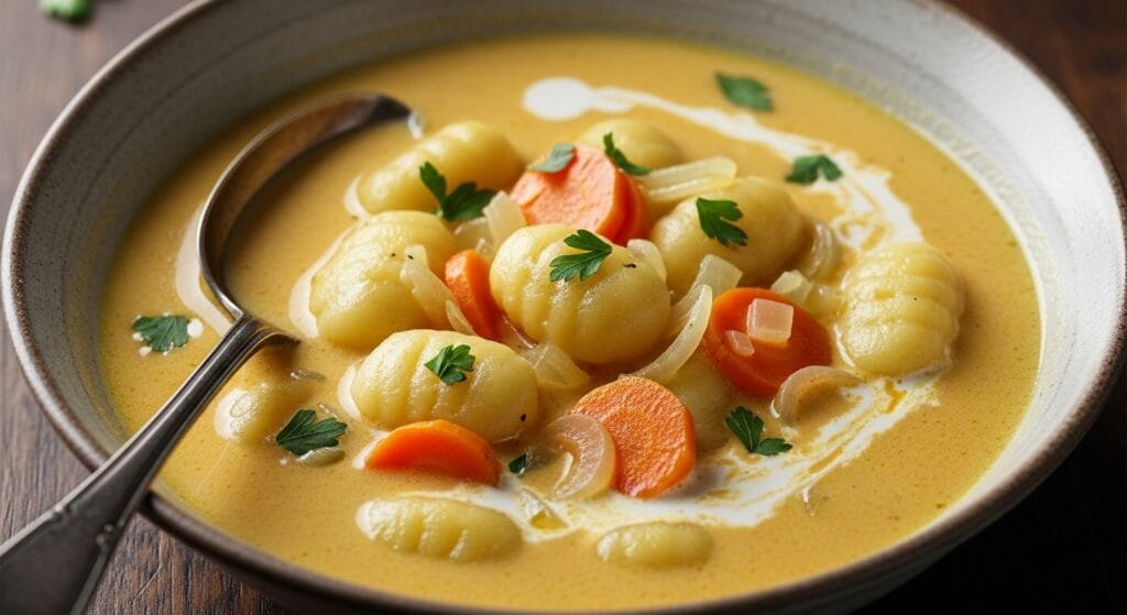 Creamy cheddar gnocchi soup with tender potato gnocchi, carrots, and onions in a rich cheese broth served in a bowl