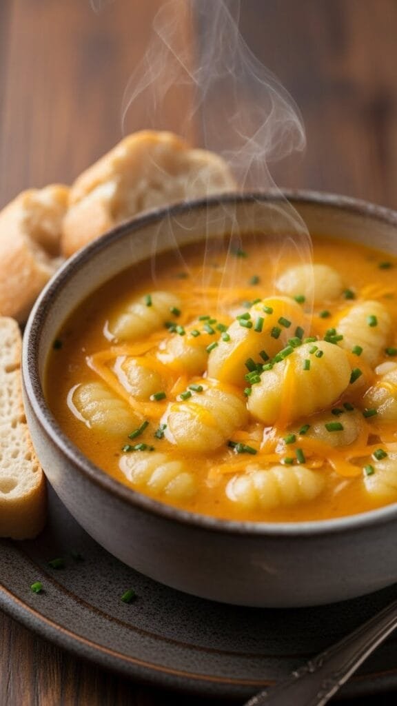 Creamy cheddar gnocchi soup ready in 30 minutes with melted cheese and soft gnocchi.