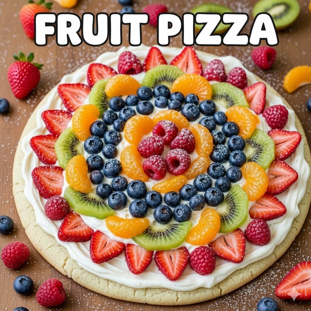 Homemade fruit pizza with sugar cookie base, frosting, and fresh fruit slices