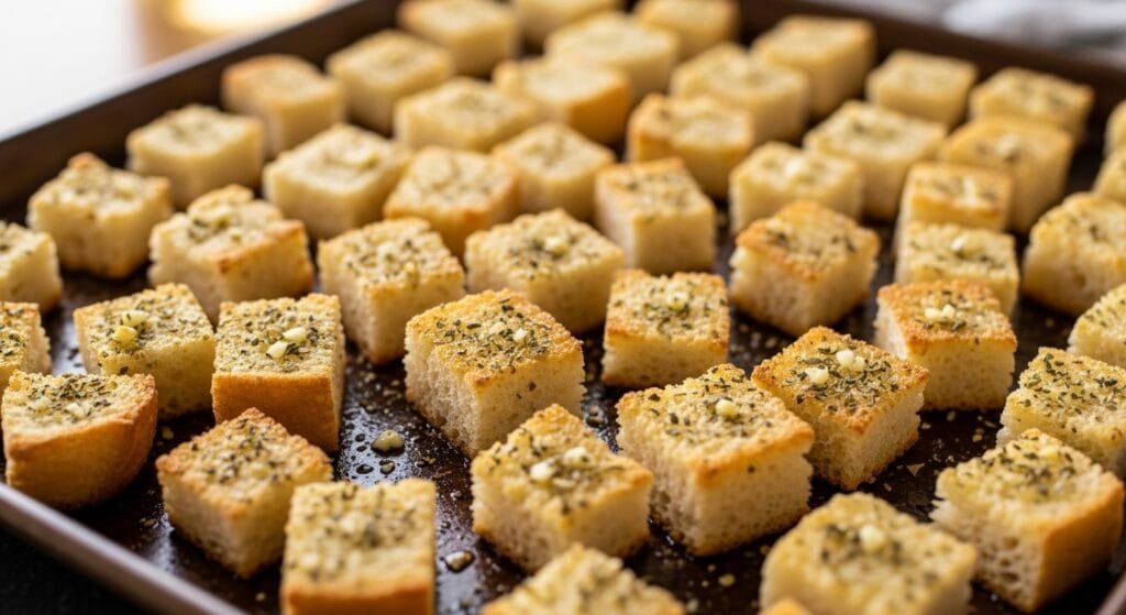 Homemade garlic croutons baked until golden and crispy on a sheet pan, made with crusty bread, olive oil, butter, and herbs