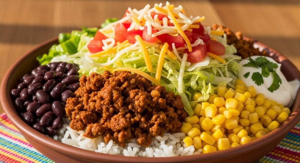 Homemade taco rice bowl topped with seasoned beef, fluffy rice, black beans, corn, lettuce, tomatoes, and shredded cheese ready for serving