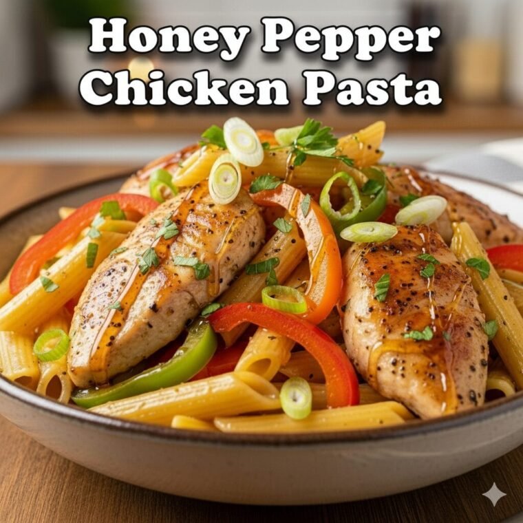 Honey pepper chicken pasta in a skillet with peppers and glossy sauce — easy 30-minute dinner recipe.