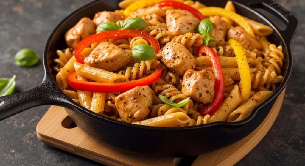 Honey pepper chicken pasta in a skillet with bell peppers and glossy sweet and savory sauce