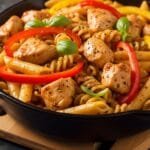 Honey pepper chicken pasta in a skillet with bell peppers and glossy sweet and savory sauce
