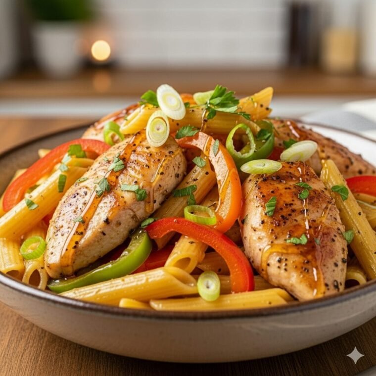 Honey pepper chicken pasta tossed with red peppers and glossy honey-soy sauce in a skillet — easy 30-minute family dinner.