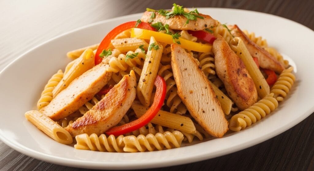 Honey pepper chicken pasta served on a plate with sliced chicken and bell peppers