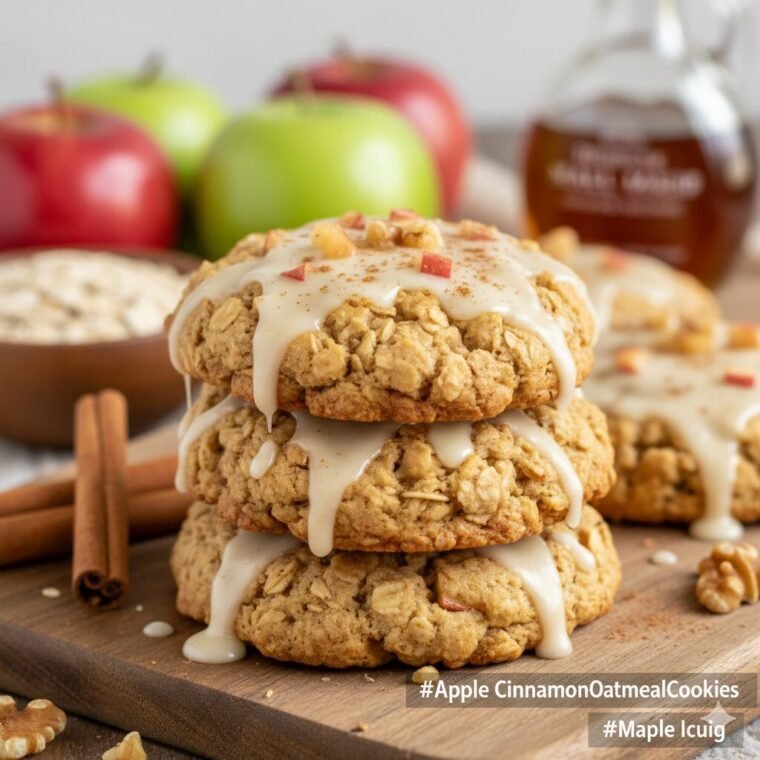 Golden apple cinnamon oatmeal cookies on a plate with a maple icing drizzle