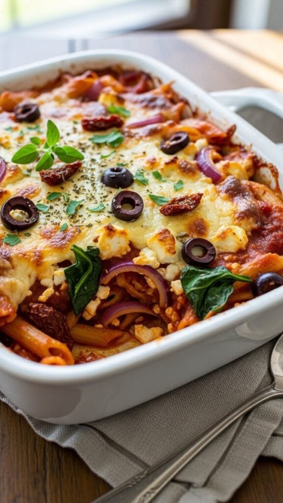 Cheesy Mediterranean rotini pasta baked with tomatoes, olives, and mozzarella cheese