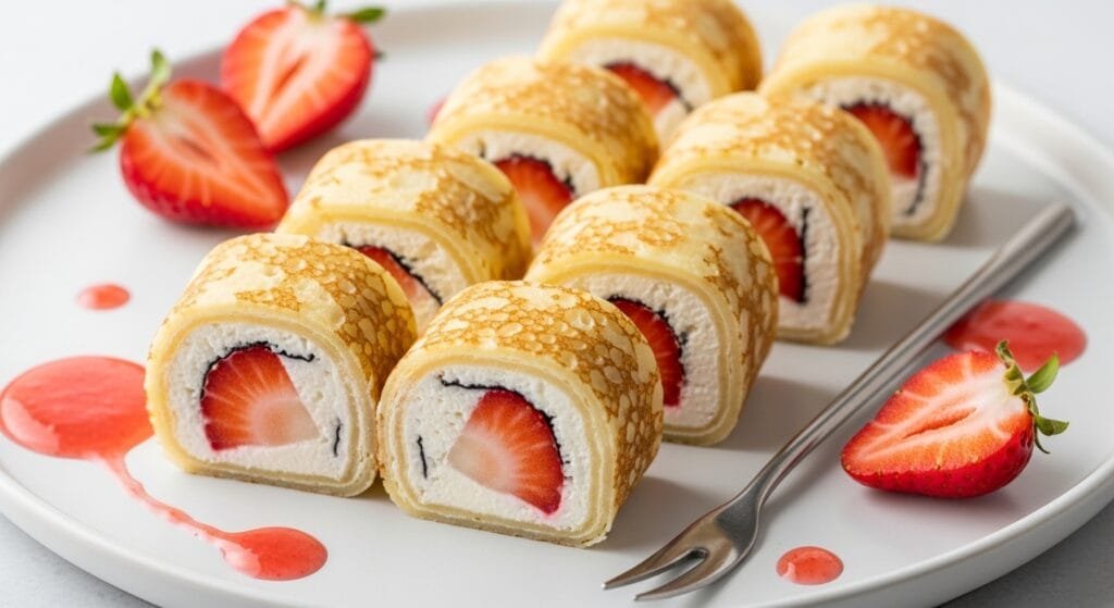 No-bake strawberry cheesecake sushi rolls made with crepes, whipped cream cheese filling, and fresh strawberries, served chilled