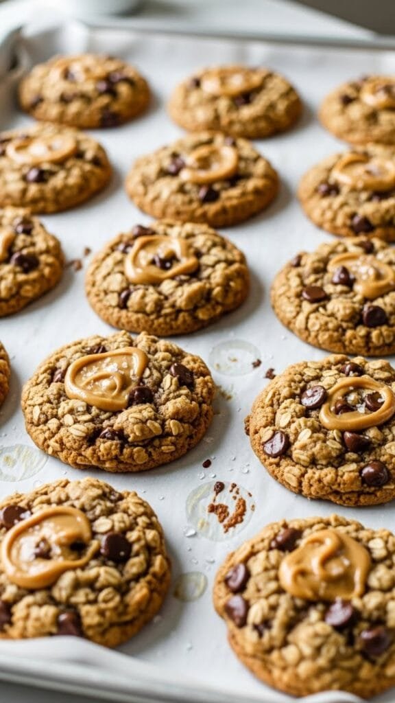 Tray of large peanut butter oatmeal chocolate chip cookies cooling on parchment paper.
