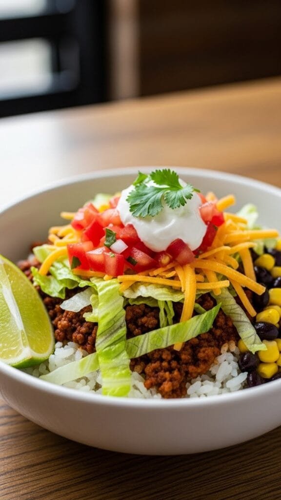 Easy taco rice bowl prepared for meal prep with seasoned meat, rice, beans, corn, and fresh toppings.