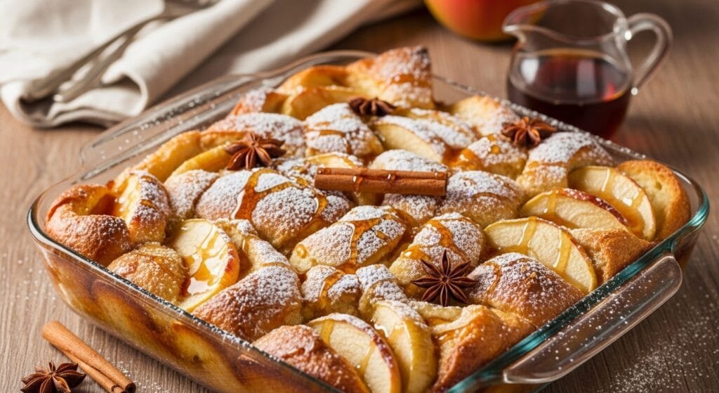 Homemade apple French toast casserole baked in 9x13 dish