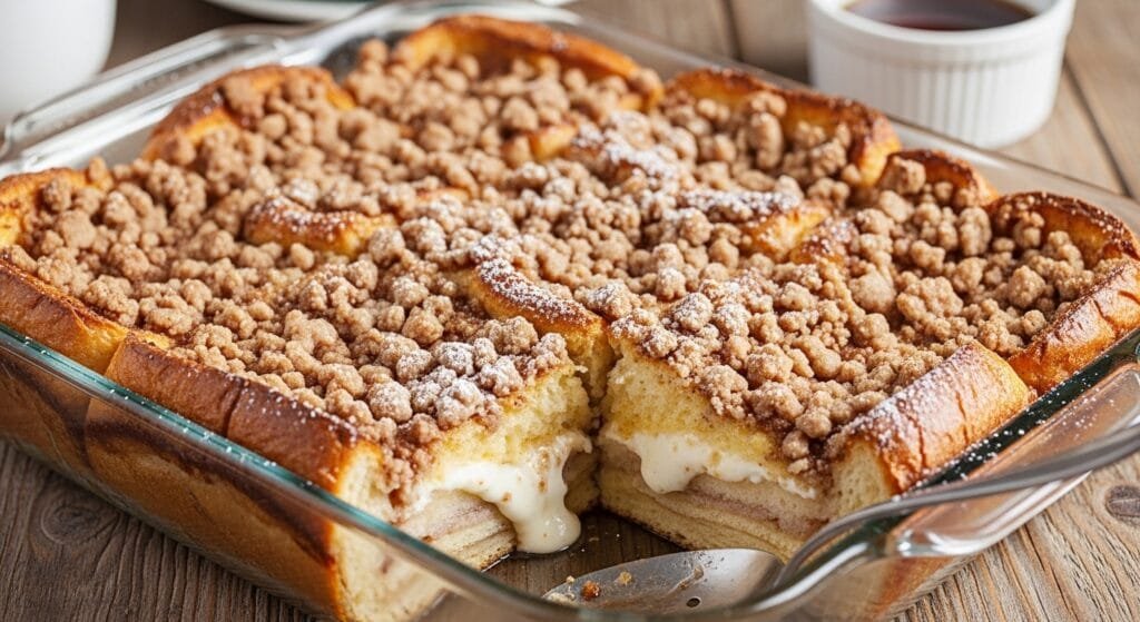 Overnight cream cheese French toast bake with custard-soaked bread and golden cinnamon crumb topping in a 9x13 baking dish