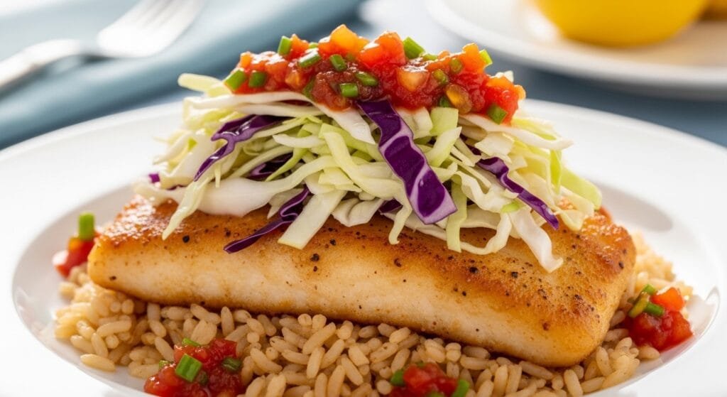 Golden pan-fried fish topped with cabbage slaw and chipotle sauce served over rice