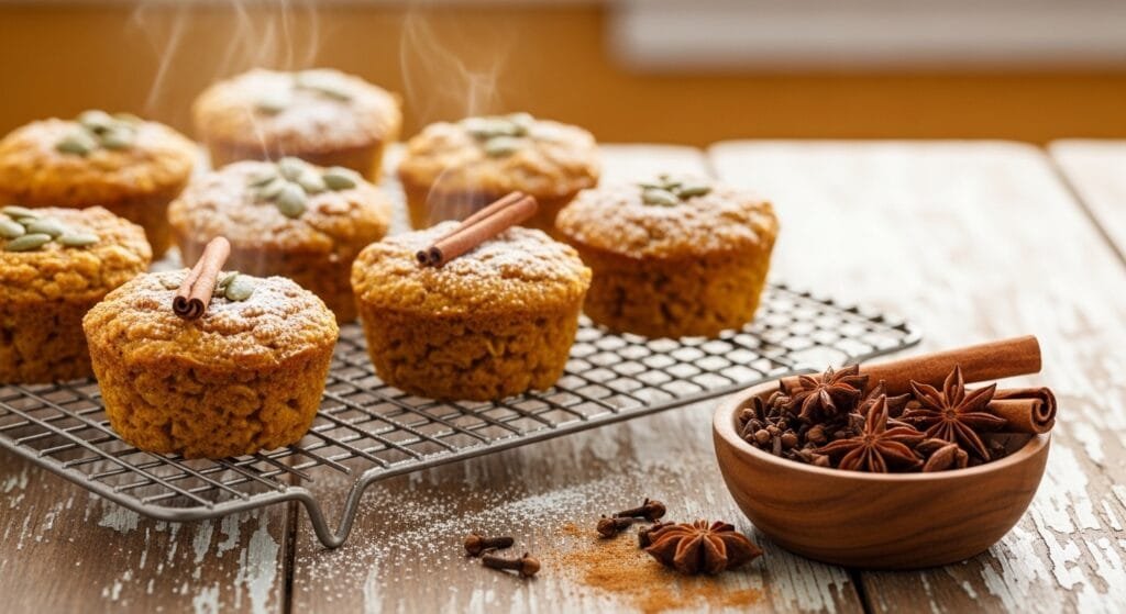 Pumpkin baked oatmeal cups cooling on a rack with warm fall spices