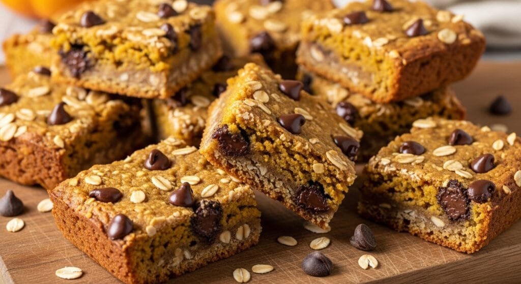 Pumpkin chocolate chip oatmeal bars baked until soft and chewy made with oats pumpkin puree and chocolate chips