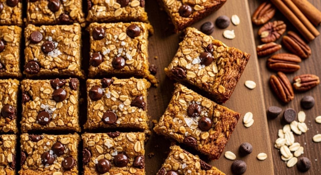 pumpkin chocolate chip oatmeal bars sliced into squares for easy meal prep and fall snacking
