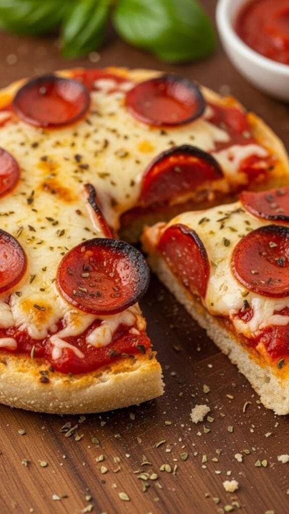 English muffin pizzas with melted mozzarella and simple vegetable toppings on a baking sheet