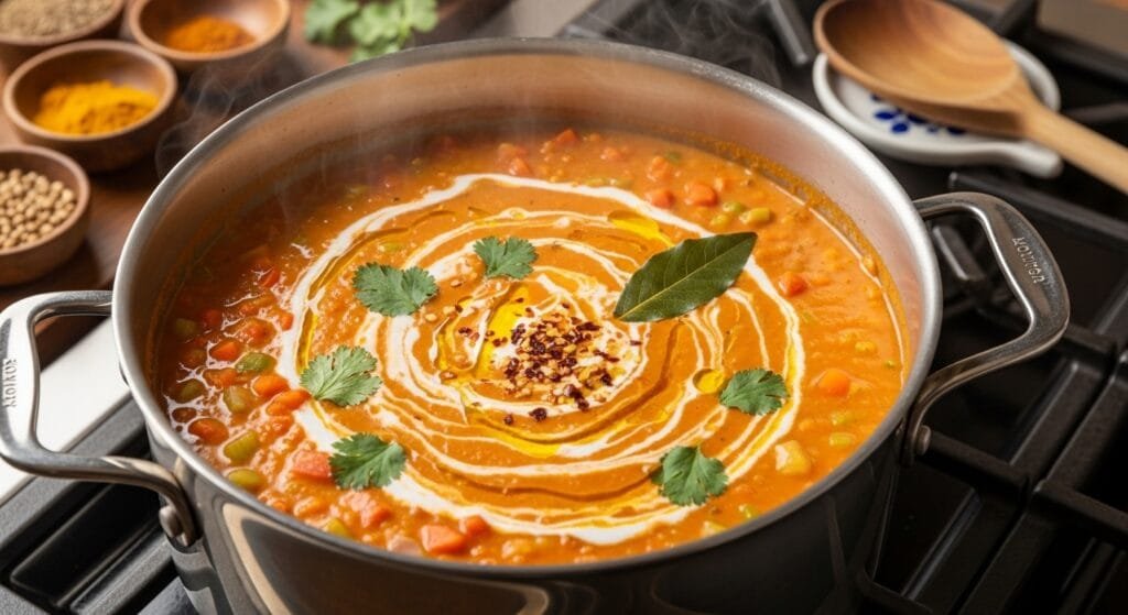 Creamy vegan red lentil soup cooked on the stovetop with vegetables and spices