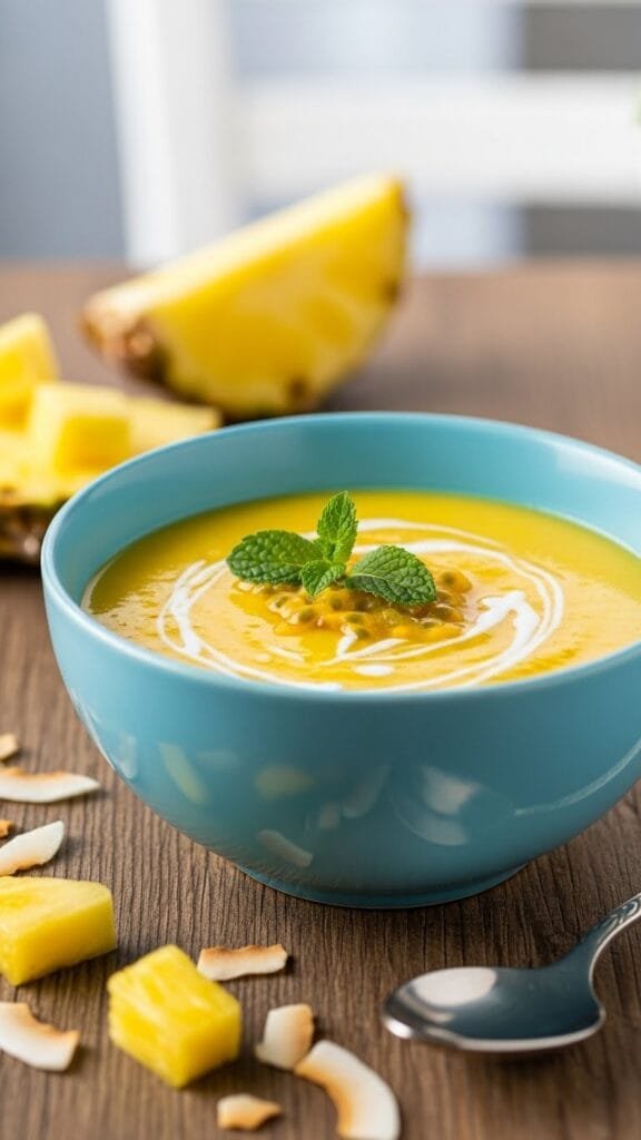Chilled pineapple soup served cold in a bowl with fresh pineapple chunks and herbs