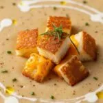 Creamy roasted garlic potato soup topped with golden grilled cheese croutons in a white bowl