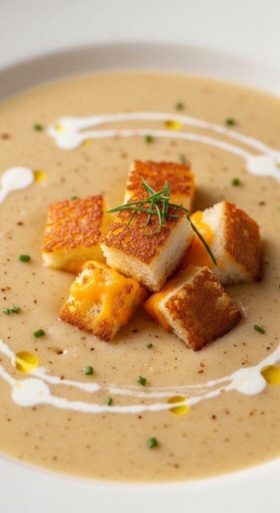 Creamy roasted garlic potato soup topped with golden grilled cheese croutons in a white bowl