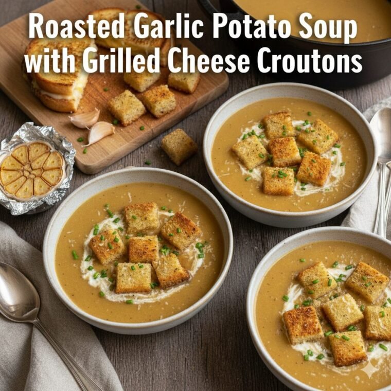 Creamy roasted garlic potato soup topped with golden grilled cheese croutons in a white bowl.