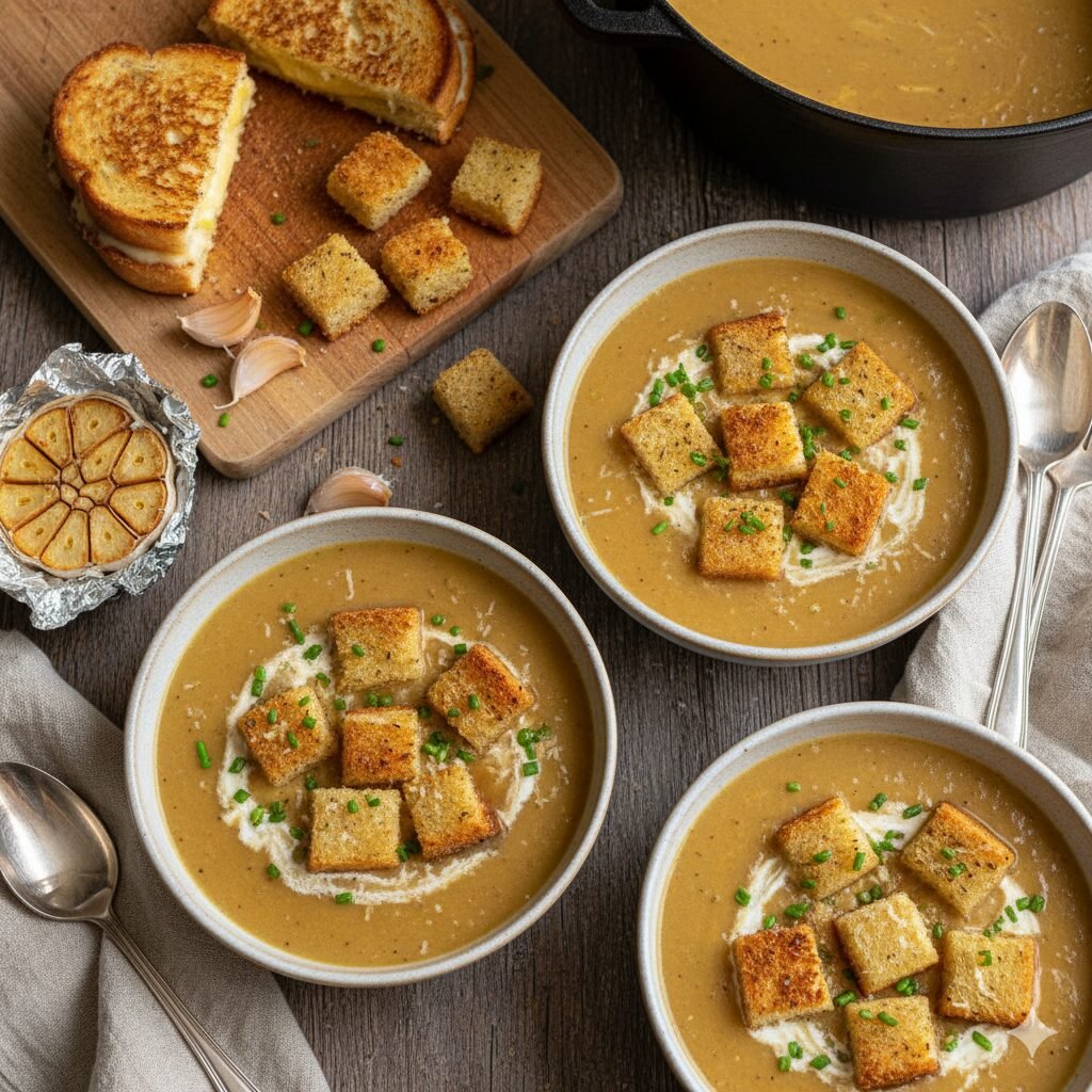 Comforting creamy potato soup made with roasted garlic and served with crunchy homemade grilled cheese croutons.