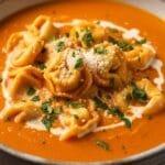Creamy roasted red pepper and tortellini soup topped with Parmesan and fresh parsley
