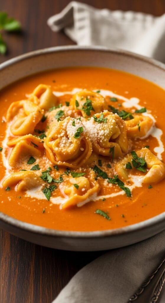Creamy roasted red pepper and tortellini soup topped with Parmesan and fresh parsley