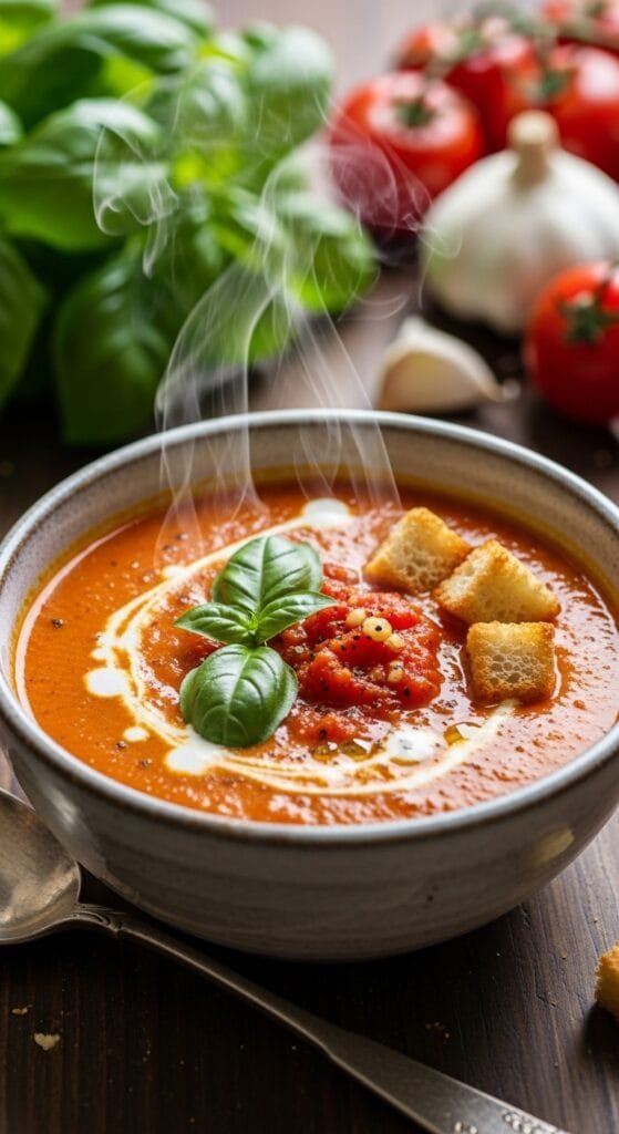 Bowl of roasted tomato and garlic soup topped with fresh basil and a swirl of cream