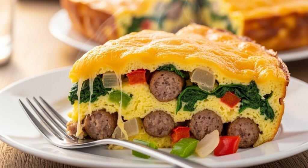 Slice of savory breakfast casserole with sausage, eggs, vegetables, and melted cheddar cheese served on a plate.
