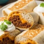 Savory beef and cheese burritos filled with seasoned ground beef, rice, and melted cheese wrapped in warm tortillas