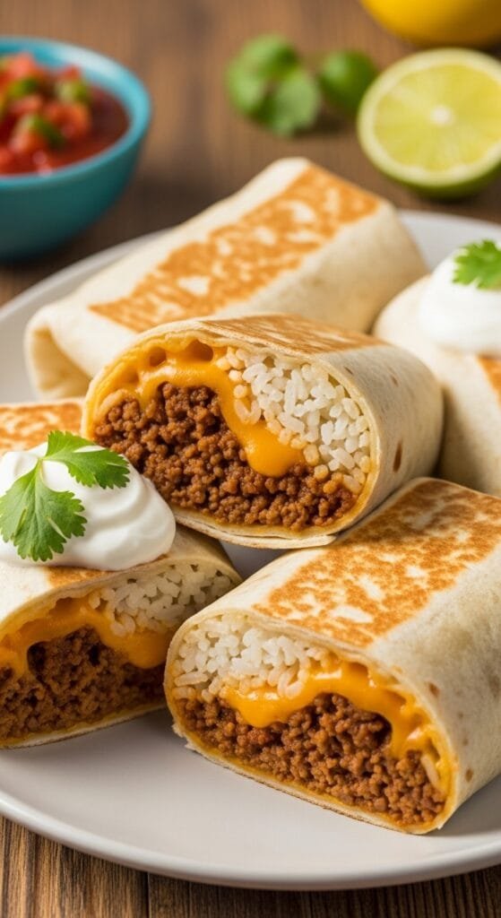 Savory beef and cheese burritos filled with seasoned ground beef, rice, and melted cheese wrapped in warm tortillas