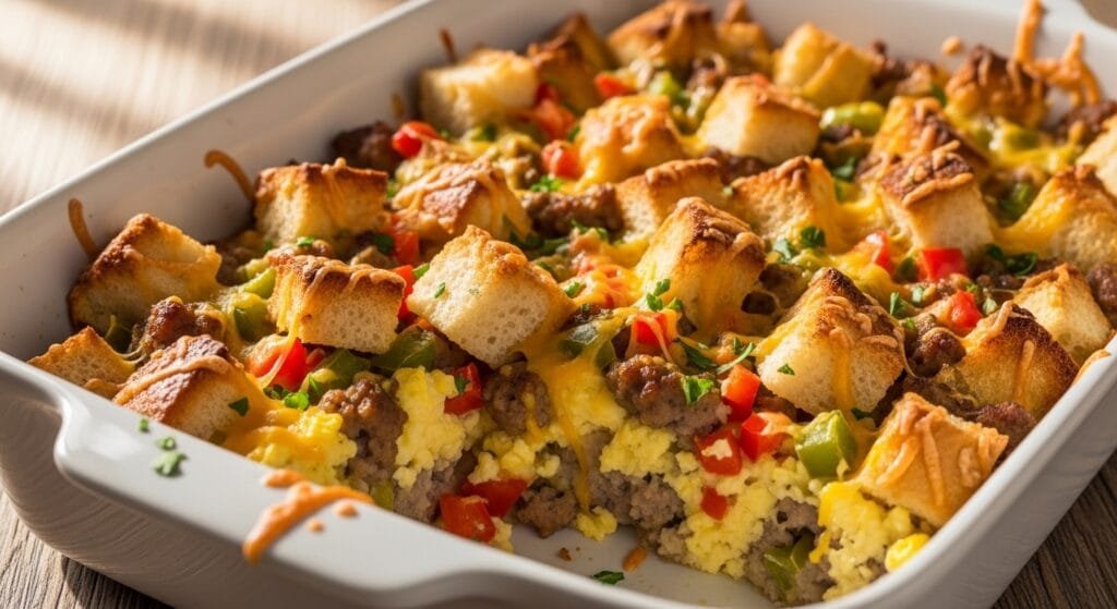 Cheesy make-ahead breakfast casserole baked with sausage, eggs, bell peppers, and crusty bread in a white baking dish.