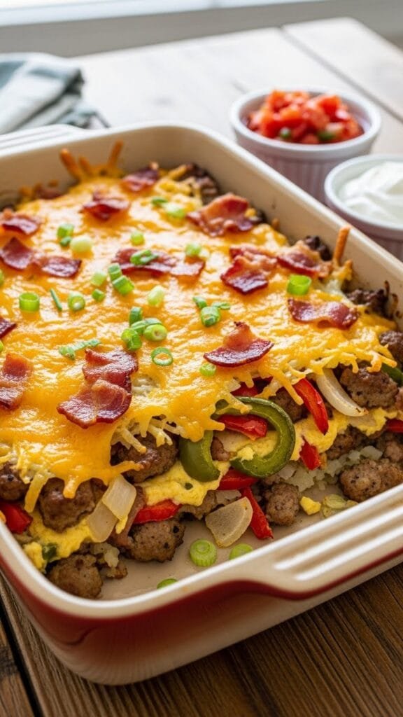 A close-up shot of a cheesy breakfast casserole in a white ceramic baking dish, garnished with fresh green onions and red pepper flakes.