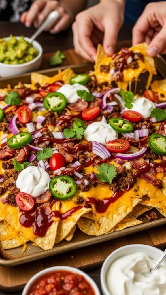 Sheet pan BBQ bacon cheeseburger nachos served hot with fresh toppings for a family gathering or game night