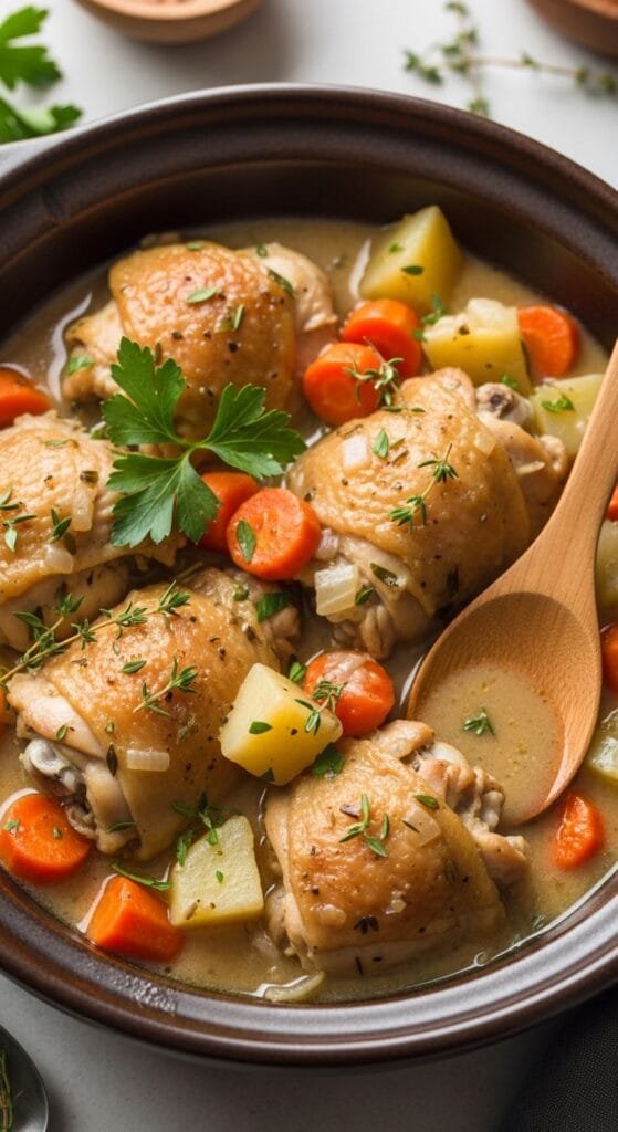 Slow cooker chicken stew with tender chicken thighs, carrots, potatoes, and herbs in a creamy broth
