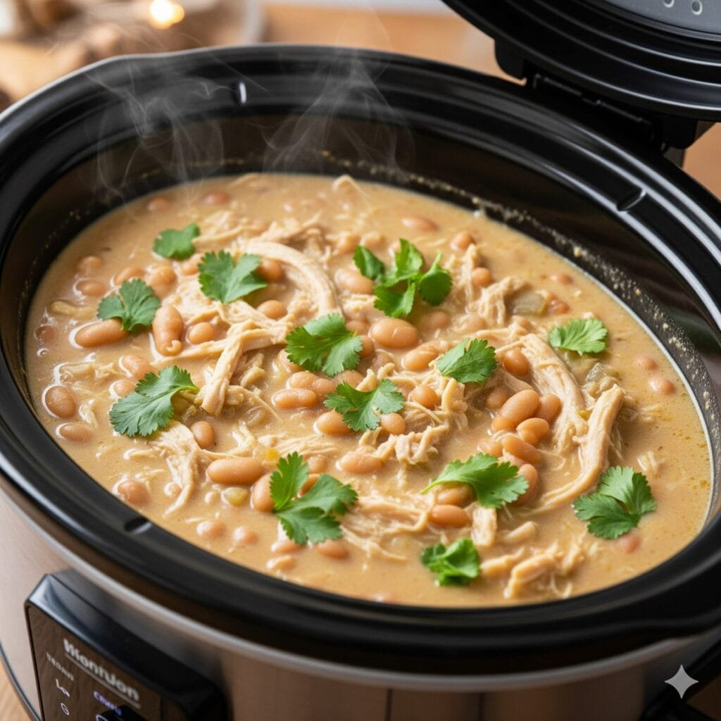 Thick and creamy white chicken chili cooked in the slow cooker, comforting weeknight meal with beans, spices, and melted cream cheese.
