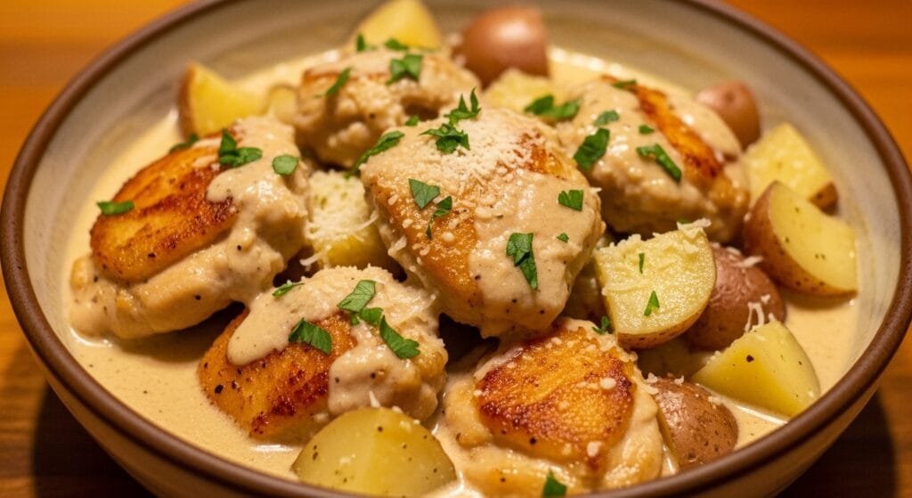 Creamy slow cooker garlic Parmesan chicken with tender potatoes cooked together in a rich sauce and served in a bowl