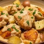 Easy Slow Cooker Chicken and Potatoes (Garlic Parmesan Version) Creamy slow cooker garlic Parmesan chicken with tender potatoes cooked together in a rich sauce and served in a bowl