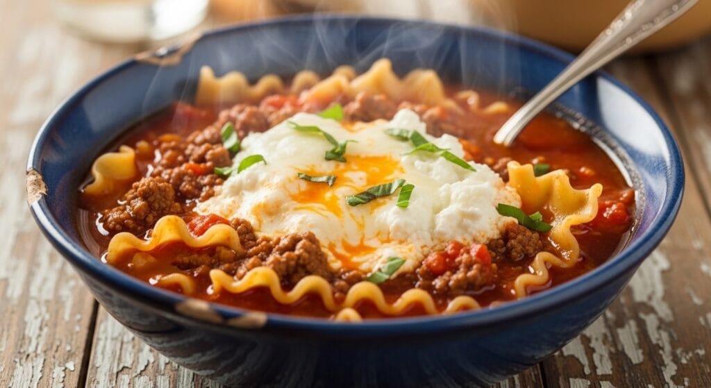 Slow cooker lasagna soup with ground beef, pasta, tomato broth, and melted cheese served hot in a