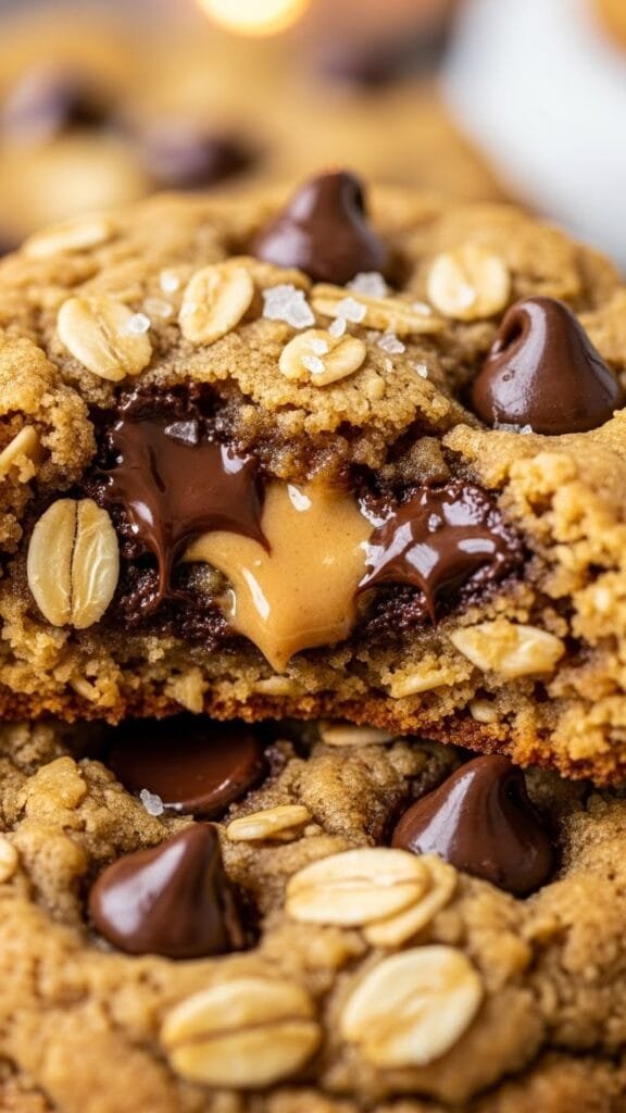 Close-up of a thick peanut butter oatmeal cookie with chocolate chips and a soft center.