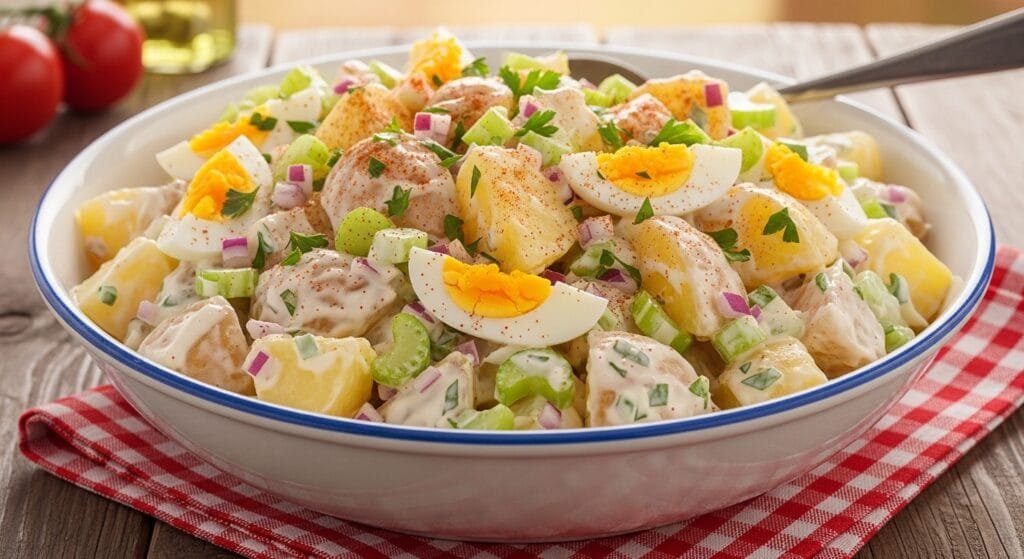 Creamy Southern potato salad made with Yukon Gold potatoes, hard-boiled eggs, celery, onion, and mayonnaise dressing in a serving bowl
